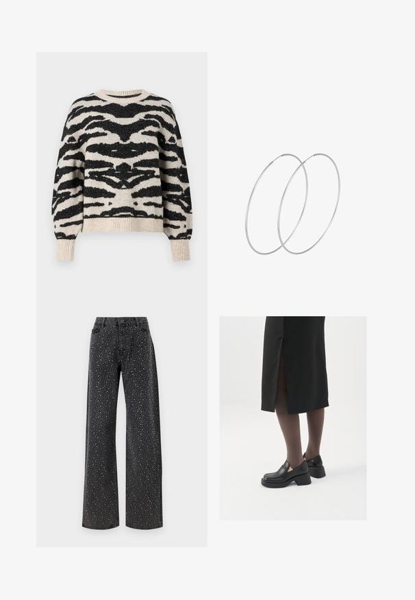 ONLY ONLAMBER O NECK - Svetr - oatmeal; Noisy May NMJANNEL LOOSE - Džíny Relaxed Fit - black denim; Černé kožené boty s kulatou špičkou, silným blokovým podpatkem a elastickými bočními akcenty, spárované s tmavými punčochami a černou sukní se rozparkem.; Stříbrné kruhové náušnice s minimalistickým designem. Kruh, hladký povrch a tenký profil. Lehká konstrukce s lesklým povrchem.