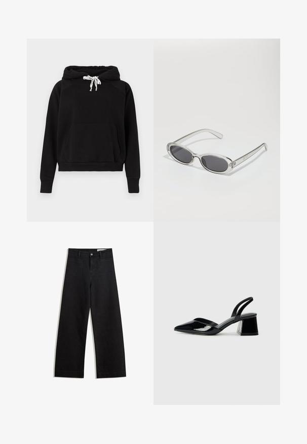 Czarna bluza z kapturem z miękkiego materiału, z przednią kieszenią, kapturem ze sznurkiem w białe akcenty oraz ściągaczami na mankietach i dole.; Czarne dżinsowe spodnie o szerokich nogawkach i wysokim stanie, z przednimi i tylnymi kieszeniami, przeszyciami oraz zapięciem na guziki. Gładka struktura.; Czarne lakierowane półbuty na obcasie z wydłużonym noskiem i geometrycznym słupkiem. Charakteryzują się eleganckim, minimalistycznym designem oraz gładką fakturą.; Okulary przeciwsłoneczne w owalnym kształcie, z przezroczystą plastikową oprawą, ciemnoszarymi soczewkami oraz cienkimi przezroczystymi ramionami z akcentami logo i minimalnymi detalami.; Czarna skórzana torba hobo o gładkiej fakturze, zaokrąglonym kształcie i pojedynczym, regulowanym pasku; posiada szerokie otwarcie na górze.