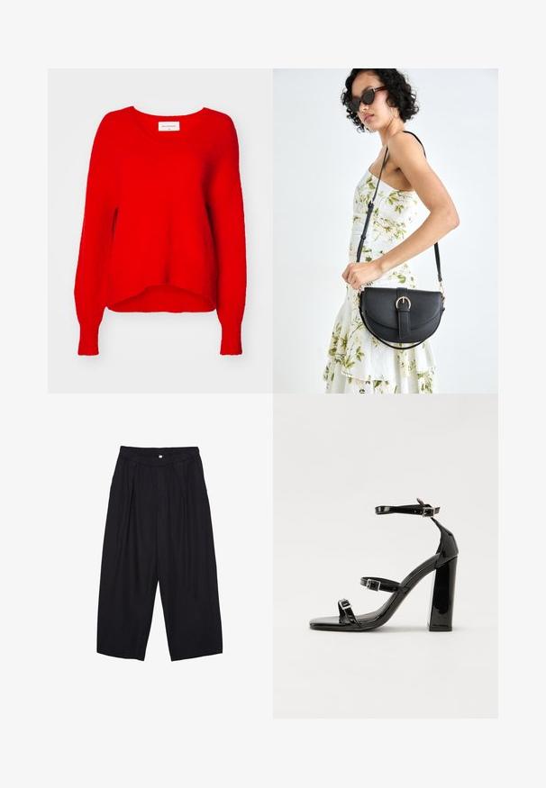 Roter Strickpullover mit V-Ausschnitt, langen Ärmeln und lockerer Passform. Strukturierter Stoff und gerippter Saum, mit einem Etikett im Kragen.; Schwarze Polyester-Culotte mit einem elastischen Bund, zwei vorderen Falten und einer lockeren Silhouette. Keine sichtbaren Muster oder Hardware-Details.; Schwarze patentierte Sandalen mit Absatz, quadratischer Spitze, Knöchelriemen und silbernen Schnallen. Mit einem stabilen Blockabsatz für mehr Stabilität.; Schwarze Lederhandtasche mit geschwungener Form, abnehmbarem Tragegurt und goldenen Beschlägen. Die Tasche verfügt über einen Deckel mit einer Schnallen-Details.
