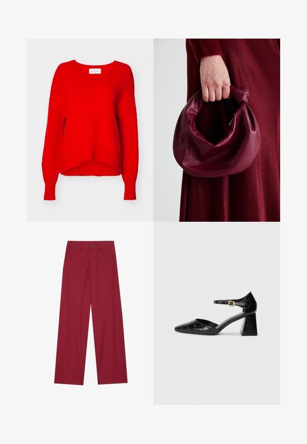Roter Strickpullover mit V-Ausschnitt, langen Ärmeln und lockerer Passform. Strukturierter Stoff und gerippter Saum, mit einem Etikett im Kragen.; Weite Hosen aus glattem, strukturiertem Stoff in einem tiefen Rotton. Sie verfügen über frontale Taschen und einen einzelnen Knopfverschluss an der Taille.; Schwarzer Lackleder-High-Heel-Schuh mit spitzem Zehenbereich, Knöchelriemen und strukturiertem Krokodil-Muster. Design mit quadratischem Blockabsatz.; Burgunderleder-Handtasche mit einem weichen, gerafften Design und einer gerundeten Form. Der Griff ist gesichert und zeigt eine glatte Textur.