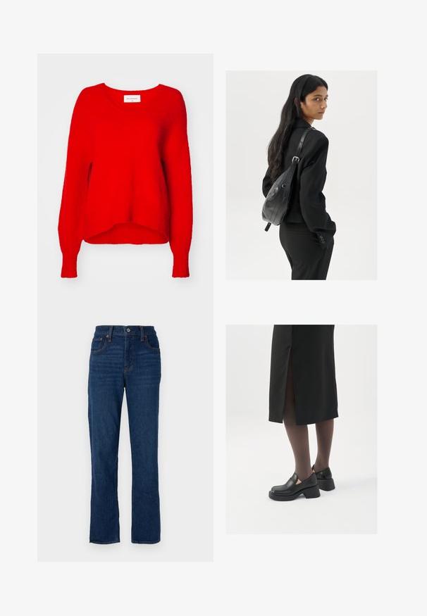 Maglione rosso lavorato a maglia con scollo a V, maniche lunghe e vestibilità comoda. Tessuto testurizzato e orlo a coste, con un'etichetta all'interno del colletto.; Jeans in denim blu scuro a gamba dritta con design a cinque tasche, cuciture arancioni e chiusura con bottone in vita.; Scarpe in pelle nera con punta arrotondata, tacco spesso a blocco e accenti laterali in elastico, abbinate a collant scuri e una gonna nera con uno spacco.; Donna con lunghi capelli scuri, vestita con un completo nero, che porta una borsa a tracolla in pelle nera, mentre guarda oltre la spalla su uno sfondo bianco.; Orecchini a cerchio in argento con un design torciglionato, caratterizzati da una finitura lucida e chiusura a perno. Misurano circa 3 cm di diametro.