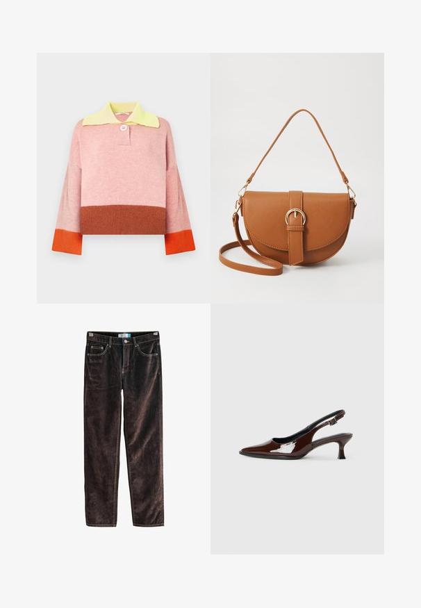 Pull-over en tricot avec un col jaune, un corps rose et des manches bicolores en orange et marron. Coupe décontractée avec un détail de boutons.; Pantalons en velours côtelé marron à jambes droites avec cinq poches, coutures contrastées et fermeture à bouton à la taille. Texture douce avec un motif à côtes.; Chaussure slingback en cuir verni marron avec un bout pointu et un talon modéré. Elle est dotée d'une sangle à boucle pour un ajustement sécuritaire. Texture lisse.; Sac bandoulière en cuir marron avec une forme incurvée, quincaillerie dorée et un accent en boucle. Comprend une bandoulière détachable.