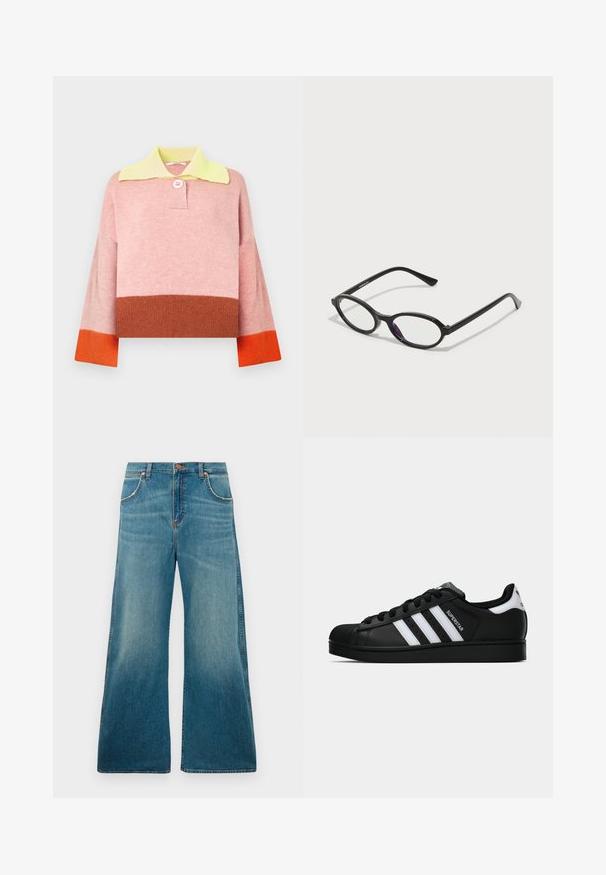 Pull-over en tricot avec un col jaune, un corps rose et des manches bicolores en orange et marron. Coupe décontractée avec un détail de boutons.; Jeans en denim bleu taille haute avec jambes larges, poches avant, fermeture à bouton et dégradé de couleur usé allant de la taille à l'ourlet.; Baskets Adidas Superstar noires avec rayures blanches, bout en coque, et texte "Superstar" sur le côté, montrées en profil sur fond blanc.; Lunettes à monture ovale noire avec des accents translucides violets sur les verres. La monture a une finition mate et des branches fines et droites.
