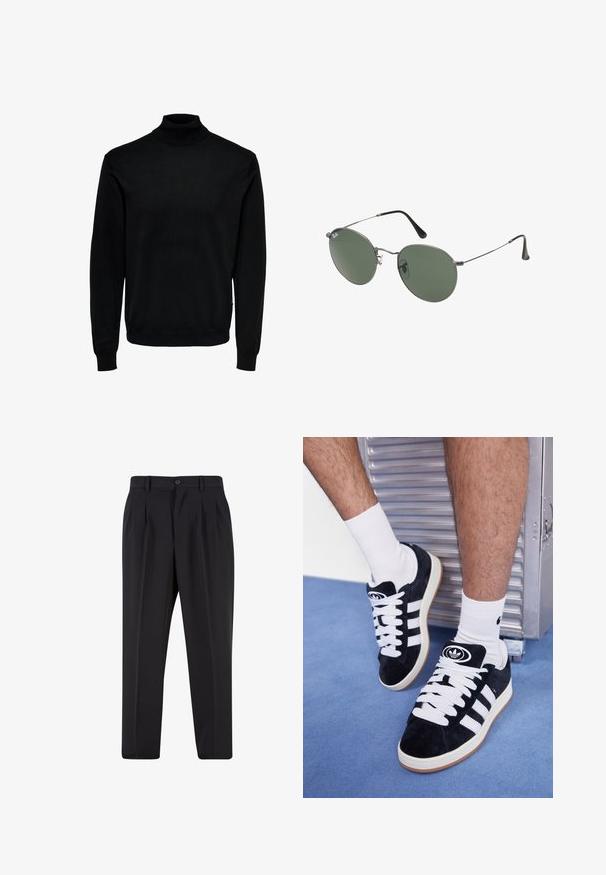Schwarzer Rollkragenpullover aus weichem Stoff, mit langen Ärmeln, gerippten Bündchen und Saum, einem anliegenden Kragen und glatter Textur.; Schwarze Hose mit plissiertem Vorderdesign, aus glattem Stoff gefertigt. Mit Knopfverschluss und Gürtelschlaufen; gerade Passform.; Schwarze Wildledersneaker mit weißen Schnürsenkeln und drei weißen Streifen. Verfügt über ein kreisförmiges schwarzes Logo auf der Zunge und eine Gummisohle.; Metallgestellte Sonnenbrille mit ovalen grünen Gläsern. Dünner silberner Metallrahmen und schwarze Ohrstücke. Minimalistisches Design, keine sichtbaren Logos.