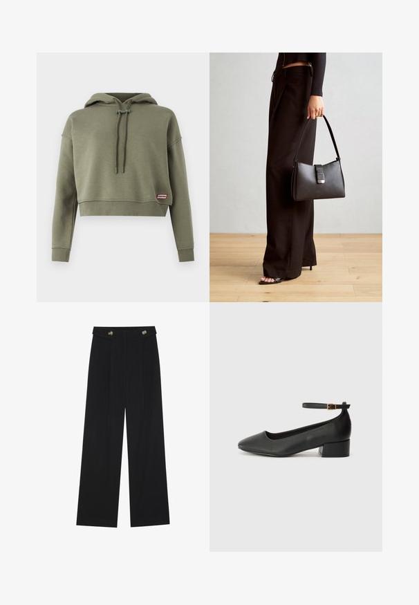 Olive zaļa īsā kapuce no mīksta auduma, ar kaklu sašūtu kapuci, ribotām piedurknēm un mazu sarkanu un baltu zīmola etiķeti.; Melnas platās bikses ar augstu jostasvietu, pogu detaļām uz jostas un priekšējām krokām.; Melnas ādas sūkņi ar smailu purngalu un zemu bloku papēdi. Iezīmēts ar potītes siksniņu ar zelta krāsas sprādzi. Gluda tekstūra.; Melnā somiņa ar strukturētu formu, gludu tekstūru un metālu sprādzi. Saskaņota ar platām melnām biksēm un sandālēm ar atvērtu purngalu uz koka grīdas.