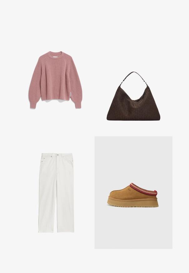 Rosa gestrickter Pullover mit Rundhalsausschnitt, Raglanärmeln und gerippter Textur. Verfügt über ein kleines Markenetikett an der Seite.; Weiße Denim-Jeans im Straight-Leg-Design, mit Fronttaschen und Metallknopf-Akzenten. Glatte Textur mit minimalen Nähdetails.; Braune Wildleder-Slipper mit rot-creamfarbenem gemusterten Besatz, strukturiertem Absatz und UGG-Logo an der Seite. Verfügt über eine leichte Plattformhöhe.; Braune, geflochtene Lederhandtasche mit einer lässigen, dreieckigen Form. Verfügt über einen geflochtenen Griff und einen Reißverschluss an der Oberseite.