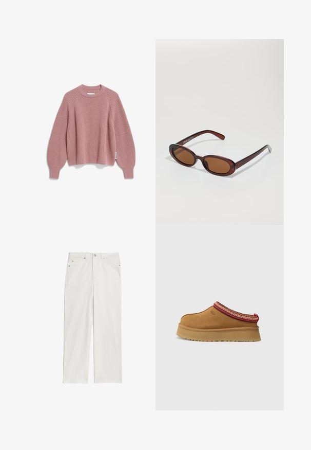 Rosa gestrickter Pullover mit Rundhalsausschnitt, Raglanärmeln und gerippter Textur. Verfügt über ein kleines Markenetikett an der Seite.; Weiße Denim-Jeans im Straight-Leg-Design, mit Fronttaschen und Metallknopf-Akzenten. Glatte Textur mit minimalen Nähdetails.; Braune Wildleder-Slipper mit rot-creamfarbenem gemusterten Besatz, strukturiertem Absatz und UGG-Logo an der Seite. Verfügt über eine leichte Plattformhöhe.; Runde, braun getönte Sonnenbrillen mit einem glänzenden burgunderfarbenen Rahmen. Schlanke Bügel mit dezentem Branding. Flaches Linsendesign.; Braune, geflochtene Lederhandtasche mit einer lässigen, dreieckigen Form. Verfügt über einen geflochtenen Griff und einen Reißverschluss an der Oberseite.