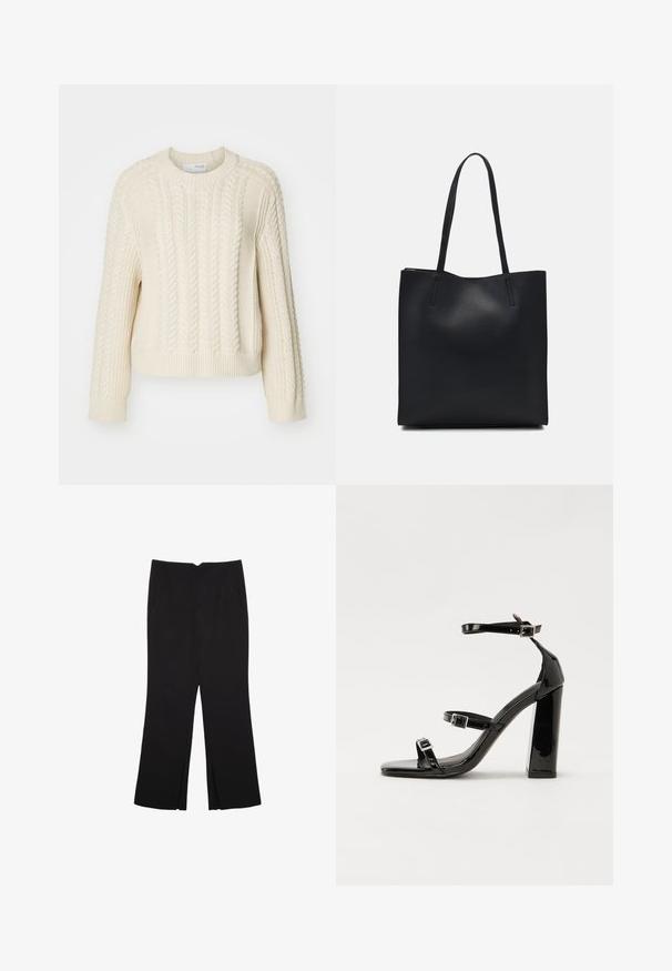 Krem pulover z kabelskim pletenjem in okroglo ovratnikom, dolgimi rokavi, rebrastimi manšetami in robom, z teksturiranimi vzorci po celotnem telesu.; Črne hlače ravnega kroja z naglavnimi žepi in stranskimi razporki na robu. Narejene iz mehke, gladke tkanine. Primerne za različne priložnosti.; Črne lakirane sandale s peto, kvadratnim prstom, trakovi okrog gležnja in srebrnimi zaponkami. Opremljene so s stabilno Debelo peto.; Črna usnjena torba s svilnato teksturo, pravokotne oblike in dvema dolgima ročajema. Brez vidnih metalnih delov ali okrasnih elementov.