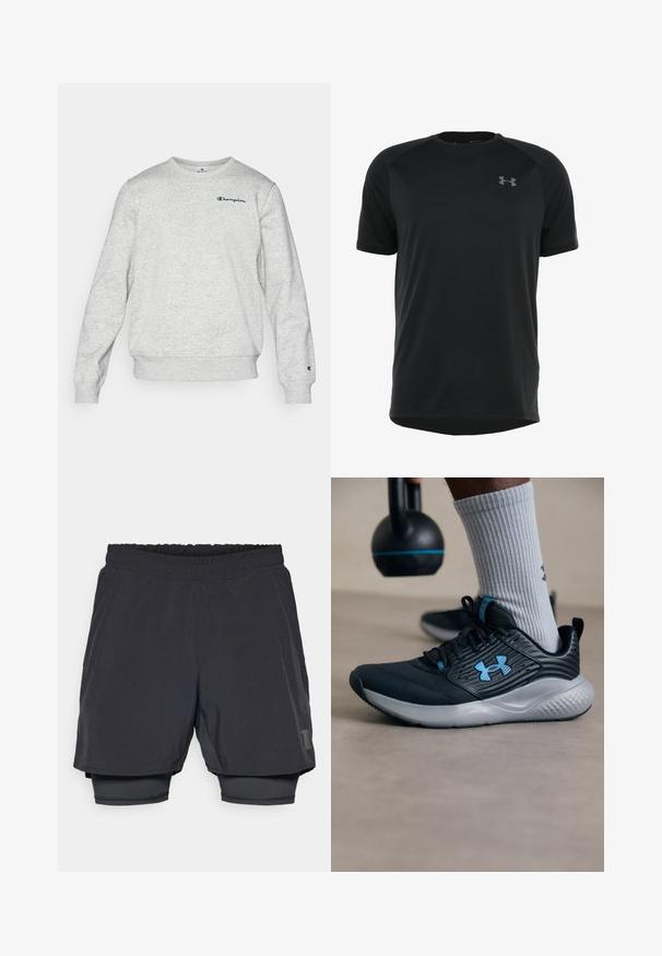 Helles graues Sweatshirt aus Baumwollmischgewebe, mit Rundhalsausschnitt, gerippten Bündchen und Saum. Logo auf der Brust in Dunkelblau gestickt.; Schwarzes kurzärmeliges Sportshirt aus glattem, leichtem Material. Verfügt über einen runden Ausschnitt und ein dezentes Logo auf der Brust.; Schwarze Sportshorts mit elastischem Bund, schichtweise Design und angepasster Innenauskleidung. Mit einem dezenten Logo an der unteren Seite.; Schwarzer Sportschuh mit blauen Akzenten, strukturiertem Obermaterial und grauer Sohle. Getragen mit grauen gerippten Socken, neben einer schwarzen Kettlebell.