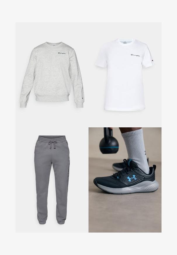Svetle šedá mikina vyrobená z kombinace bavlny, s kulatým výstřihem, žebrovanými manžetami a lemem. Na hrudi je vyšitý logo ve tmavě modré barvě.; Bílá bavlněná tričko s kulatým výstřihem, krátkými rukávy a černě vyšitým logem "Champion" na hrudi a akcentem na rukávu.; Champion ICONS TONAL CUFF LARGE LOGO - Teplákové kalhoty - foggy; Černá sportovní obuv s modrými akcenty, texturovaným svrškem a šedou podrážkou. Nosená se šedými žebrovanými ponožkami, vedle černého kettlebellu.