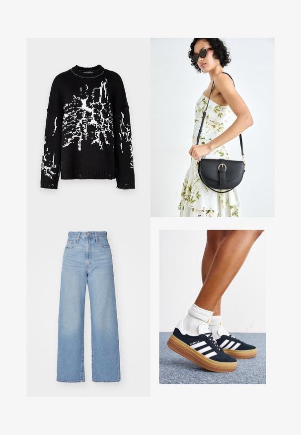 The Ragged Priest SHATTER - Jersey de punto - black/white; Jeans de tiro alto y pernera ancha en azul claro, con cierre frontal de botón y cremallera, y bolsillos delantero y trasero, sobre un fondo blanco.; Zapatillas deportivas de gamuza negra con rayas y detalles blancos, puntera redondeada, suela de goma color caramelo, combinadas con calcetines blancos acanalados a la altura del tobillo.; Bolso de piel negra con forma curva, correa desmontable y herrajes dorados. El bolso cuenta con una solapa con un detalle de hebilla.