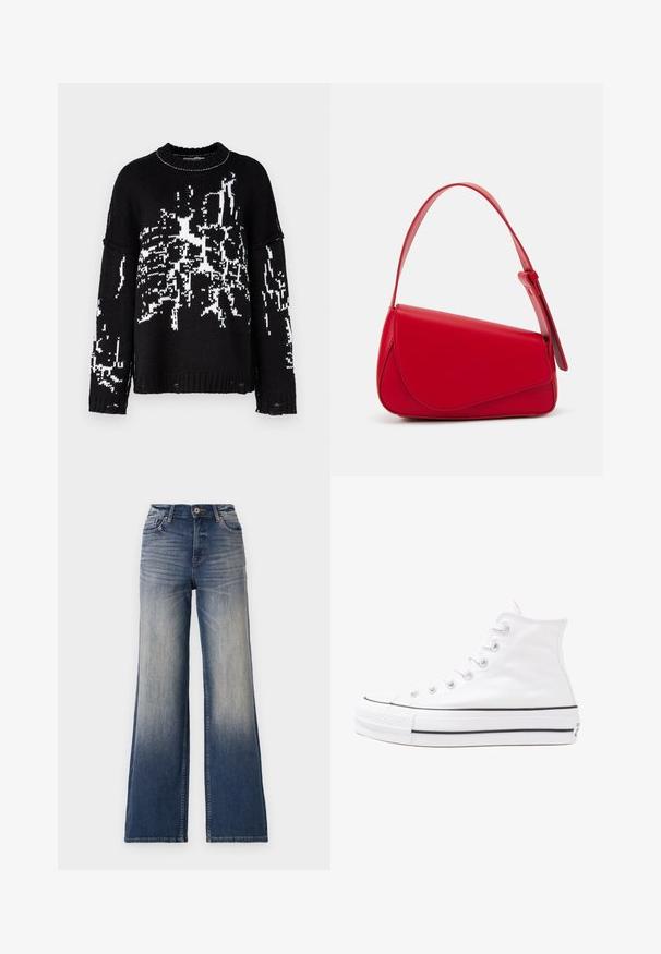 The Ragged Priest SHATTER - Trui - black/white; Hoge taille wijde jeans in licht tot donkerm blauw denim met vervaging, met een knoopsluiting en riemlussen. Schoon gefinishte zoom en geen zichtbare versieringen.; Witte high-top canvas sneakers met een zwarte rubberen zool, een rubberen neuskap aan de voorkant en zes gaatjes voor veters, met een schone, minimalistische uitstraling.; Rode leren handtas met een hoekig, geometrisch ontwerp. Beschikt over een enkele verstelbare schouderriem en een klepclosure met gestikte details.