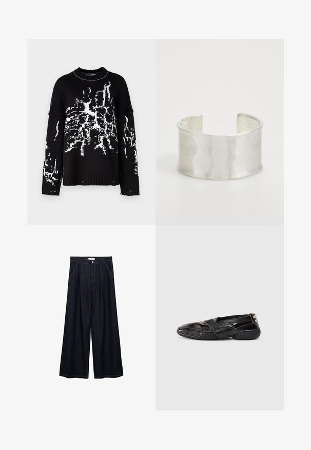 The Ragged Priest SHATTER - Pulover - black/white; Pantaloni largi din denim închis, cu talie înaltă, având un închidere cu nasture frontal, două buzunare laterale și detalii de cusătură.; Pantofi din piele neagră cu curele încrucișate, finisaj texturat și cusături în contrast de culoare bej. Au vârful rotunjit și talpă din cauciuc cu aderență.; Zign Brăţară - silver-coloured