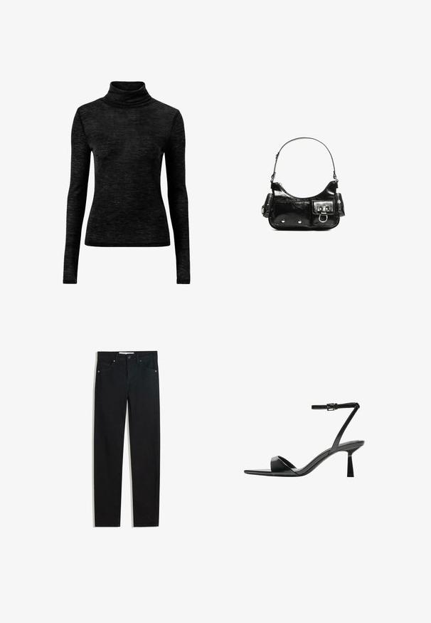 Schwarzer Rollkragenpullover aus einem strukturierten, weichen Stoff. Verfügt über lange Ärmel und ein tailliertes Design, das sich gut zum Schichten eignet.; Schwarze Jeans mit geradem Bein, fünf Taschen, Metallknopfverschluss und dezenten Nähten. Glatte Textur.; Bershka High Heel Sandalette - black; Schwarze Lackleder-Handtasche mit geschwungenem Design, einem Schulterriemen, Vordertaschen und silberfarbenen Hardware-Akzenten.