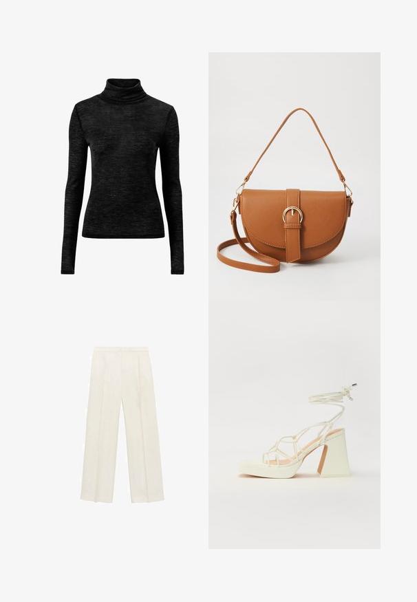 Zwarte coltrui gemaakt van een gestructureerde, zachte stof. Heeft lange mouwen en een getailleerd ontwerp, geschikt voor lagen.; Wijdgevallen broeken in een lichtcrème kleur. Gemaakt van een zachte stof met plooien aan de voorkant en zijzakken.; Witte hoge hakken sandaal met een chunky hak, met een bandjesontwerp en enkelband. Gladde textuur met een plateau voor extra hoogte.; Bruine leren schoudertas met een gebogen vorm, gouden hardware en een gespaccent. Bevat een afneembare schouderriem.
