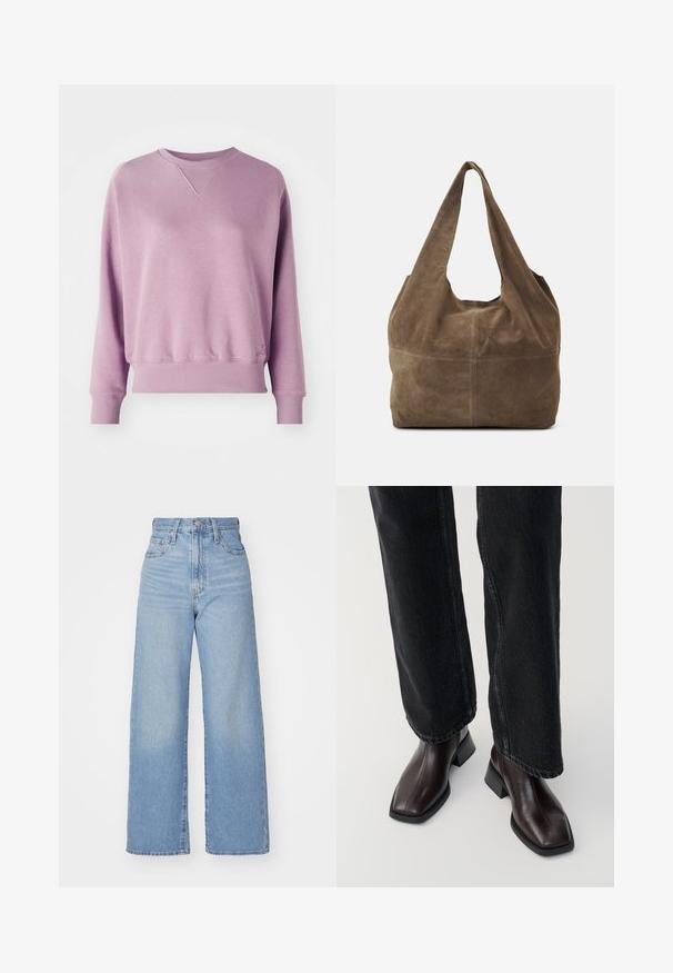 Lágy anyagból készült lila pulóver; bordázott nyakkivágással, hosszan érkező ujjal és rugalmas mandzsettával rendelkezik. Diszkrét logó részlet az alján.; Világoskék, magas derekú, bő szárú farmernadrág, elülső gombbal és cipzárral, elülső és hátsó zsebekkel, fehér háttérrel.; Barna bőr boka csizma négyzet alakú orral és tömbsarkal, fekete, bő szárú farmerral párosítva. Simább textúra és minimalista dizájn.; Barna velúr hobo táska egyetlen vállpánttal, puha textúrával és kerek formával. A középen végigfutó varrás további részletességet ad neki.