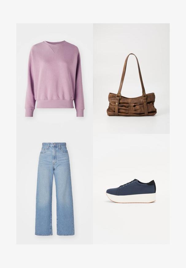 Felpa viola in morbido tessuto; presenta un collo a costine, maniche lunghe e polsini elasticizzati. Dettaglio del logo discreto sull'orlo.; Jeans a vita alta blu chiaro con gamba larga, chiusura frontale con bottone e zip, tasche anteriori e posteriori, su uno sfondo bianco.; Sneaker blu navy con tomaia in tessuto texturizzato, suola piatta bianca, punta arrotondata e accentuazione nera sul tallone. Presenta sei fori per i lacci.; Even&Odd Borsa a mano - brown