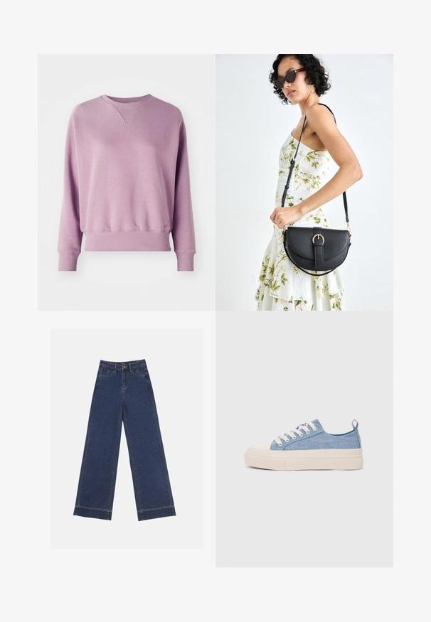 Pulover mov realizat dintr-un material moale; dispune de un guler rib iar, mâneci lungi și manșete elastice. Detaliu subtil cu logo la tiv.; Jeans evazați din denim albastru închis. Au cinci buzunare, bucle pentru curea și o margine brută la baza, cu detalii de coasere vizibile.; Sneakers din pânză de culoare albastru deschis, cu vârf și talon din cauciuc crem, având șireturi albe și un maner pe călcâi.; Geantă din piele neagră, cu o formă curbată, curea detașabilă și accesorii aurii. Geanta are un capac cu un detaliu tip cataramă.