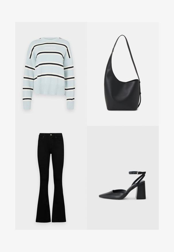 Hellblauer Strickpullover mit horizontalen schwarz-weißen Streifen. Verfügt über einen gerippten Saum und Bündchen, einen runden Halsauschnitt und das Logo "GUESS JEANS".; Schwarze hochtaillierte Jeans mit einem Knopf- und Reißverschluss, Fronttaschen und ausgestellten Beinen, flach auf einem weißen Hintergrund ausgelegt.; Schwarze Leder-Pumps mit spitzer Zehe, einem Knöchelriemen und einem blockigen Absatz. Flache Textur, elegantes Design und minimalistische Ästhetik.; Schwarze Leder-Hobo-Tasche mit einer glatten Textur, geschwungener Form und einem einzelnen verstellbaren Tragegurt; verfügt über eine weite Öffnung am oberen Ende.