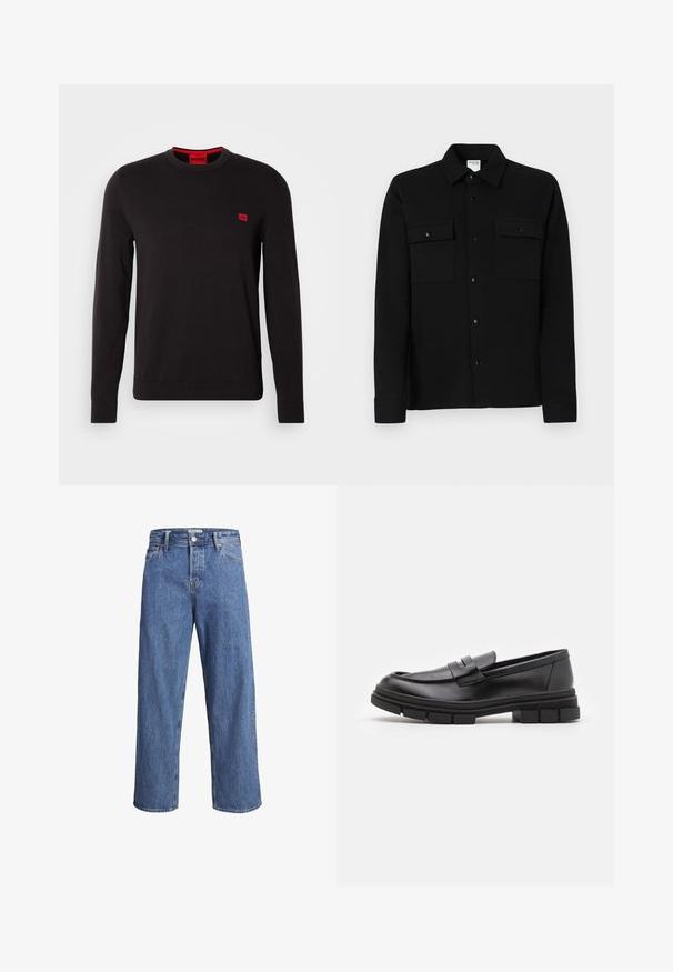 Black crewneck sweater made of soft fabric, featuring long sleeves, ribbed cuffs, and a small red logo patch on the chest.; Black button-up shirt made of smooth fabric, featuring two chest pockets, a point collar, and buttoned cuffs. Simple design with minimal detailing.; Light blue denim jeans with a straight-leg design, high waist, and minimal stitching details. The fabric has a soft, slightly faded texture.; Black leather loafers with a smooth finish, featuring a front strap detail and a chunky rubber sole with grooved accents.