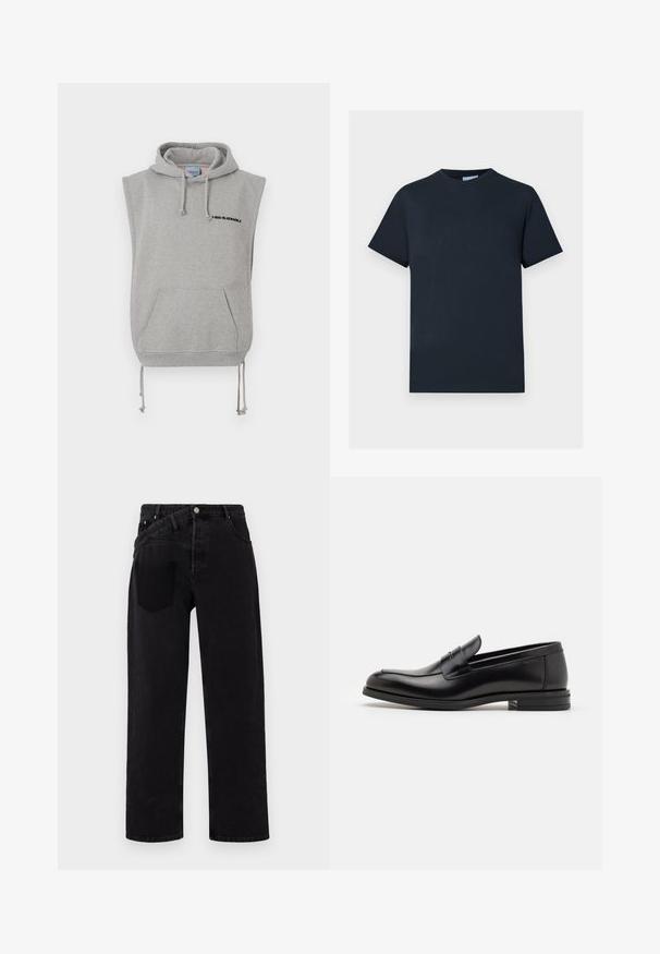 Ærmeløs grå hoodie lavet af bomuldsblandet stof. Har en frontlomme, justerbare snøretræk og sort trykt tekst nær halsudskæringen.; Marineblå bomulds T-shirt, korte ærmer, rund halsudskæring, har et struktureret logo-design på brystet i en lysere nuance.; Sorte denimjeans med lige ben-design, der har en frontlukning med knap, fem-lomme stil og en enkelt baglomme på højre side.; Sorte læderloafers med en glat overflade, rund tå og en dekorativ strop over vampen. Lav hæl med stabeldesign, minimalistisk stil.