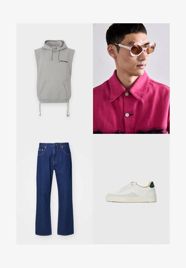 Haaleta hall kappa, mis on valmistatud puuvilla segumaterjalist. Sellel on esikott, reguleeritavad nöörid ja must trükitud tekst kaela lähedal.; Tumed sinine teksariie sirge jala lõikega, viie taskuga ja peente tikandite detailidega. Omab nupu ja luku sulgemist.; Valged tennisjalanõud, millel on sametised aktsendid, ümar varvas, lame nöörid ja kreemjas kummine põhja. Hästi nähtav roheline bränding kannal.; Valged ja roosad ülemõõdulised prillid kaarjate raamidega, millel on pruuni tooni objektiivid. Mudel kannab roosat teksajakki koos kraega.