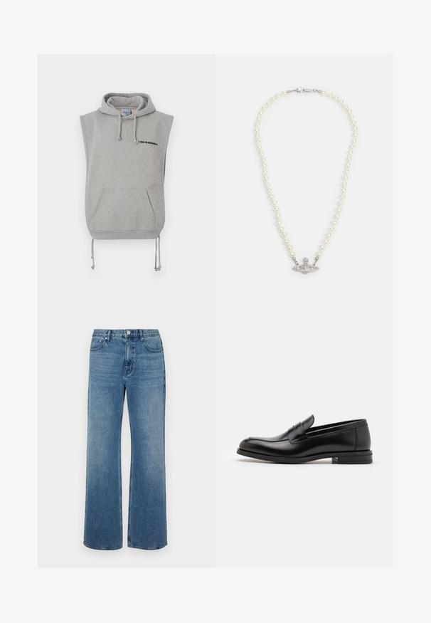 Ärmelloses graues Kapuzenshirt aus Baumwollmischgewebe. Verfügt über eine Fronttasche, verstellbare Kordeln und schwarzen Drucktext in der Nähe des Ausschnitts.; Weite blaue Jeans aus Denim mit einem verblassten Finish. Verfügt über fünf Taschen, einen Frontknopfverschluss und einen geraden Schnitt.; Schwarze Lederloafers mit glatter Textur, rundem Zehenbereich und einem dekorativen Riemen über dem Vorderfuß. Niedriger, gestapelter Absatz, minimalistisches Design.; Perlenhalskette mit einem silberfarbenen Verschluss. Sie zeichnet sich durch runde weiße Perlen und ein dekoratives, mit Strasssteinen besetztes Mittelstück aus.