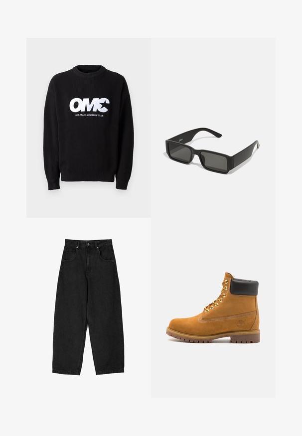 Sort ribbet striktrøje med rund halsudskæring, prydet med fremtrædende hvid broderet tekst "OMC" og "OFF-TRACK MEMBERS' CLUB" på forsiden.; Sort denim bukser med bred ben og høj talje, der har fem lommer, lynlås og metalknaplukning. Glat tekstur, minimal detaljer.; Tan nubuck ankelstøvle med sort polstret krave, gyldne metaløjer, hvid syning detaljer og robust gummisål med udtalte slidbaner.; Sorte solbriller med rektangulære linser, mat plastikramme og lige kanter. Har brandlogo på den indvendige arm.