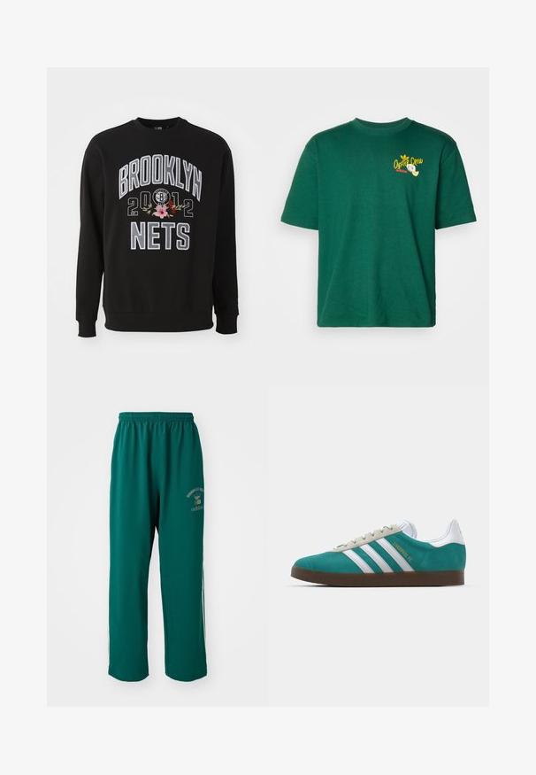 Sweatshirt preto com decote redondo, featuring "Brooklyn Nets" e "2012" bordados em cinza com detalhes florais coloridos. Textura suave.; Camiseta de algodão verde com mangas curtas, decote redondo e um emblema gráfico com "Oyster Crew" e um logótipo em amarelo e vermelho.; Calças de desporto verdes feitas de tecido suave, com cintura elástica, impressão de logotipo de um lado e riscas brancas nas laterais. Corte regular.; adidas Originals ADIDAS GAZELLE SHOES - Botas de futebol de salão - liverpool fc/sea green/footwear white