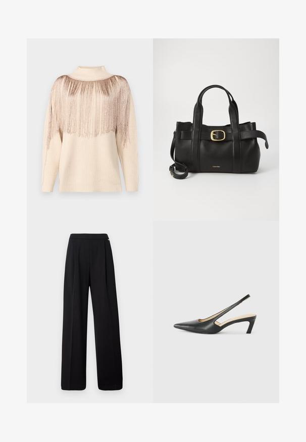 Suéter beige con cuello alto y mangas largas, que presenta un fleco de hilos metálicos en los hombros, creado a partir de un punto texturizado.; Pantalones de pierna ancha negros hechos de una tela suave, con un diseño liso y cinturilla elástica, sin patrones o acentos visibles.; Zapato negro de punta afilada tipo slingback con un tacón bajo, que presenta un material de cuero suave y un diseño recortado en el lateral para mayor transpirabilidad.; Bolso de cuero negro con un diseño estructurado, doble mango superior, detalle de hebilla en tono dorado y logo de la marca grabado en la parte frontal.