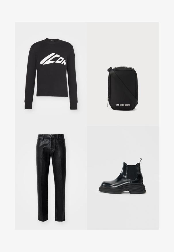 Juodas megztinis su apvaliu iškirpimu, raukšlėtais rankogaliais ir apatine dalimi. Priekyje yra išsiskiriantis baltas „ICON“ logotipas stilizuotu šriftu.; Juodos džinsinio audinio kelnės su tiesiomis kojomis, su mygtukų uždarymu, priekinėmis kišenėmis ir subtiliu raštu. Nėra matomų raštų ar akcentų.; Juodi odiniai Chelsea batai su lygiu paviršiumi, elastingomis šoninėmis detalėmis ir storu, struktūruotu guminiu padu. Suvilkimo lipdukas palengvina apsiaustį.; Juodas maišas stačiakampio formos, pagamintas iš lygaus medžiagos. Yra viršuje užtrauktukas, reguliuojama dirželis ir baltas užrašas: "HAN KJØBENHAVN."