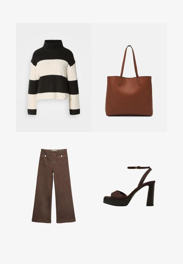 Svetr s černobílým pruhovaným vzorem, vysokým ribovaným výstřihem, zkráceným střihem a širokými rukávy, které mají kontrastní textury a precizní okraje švů.; Hnědé široké kalhoty vyrobené z bavlny, s dvěma předními kapsami a stříbrnými knoflíky, s hladkou texturou.; Hnědé semišové sandály na vysokém podpatku s otevřenou špičkou, nastavitelným páskem kolem kotníku a proužkovou platformou.; Hnědá kožená taška přes rameno s hladkou texturou, otevřeným designem a dvěma ramenními popruhy. Obsahuje minimální švy a žádné viditelné kovové prvky.