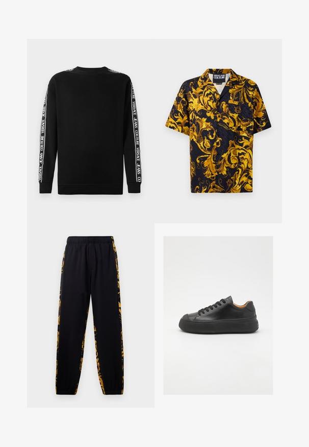 Must mustaga mustar varrukatega, mille külgedel on vertikaalselt valge tekst. Ribitud varrukaotsad ja kaelus. Pehme kangatunne.; Must musta lühikeste varrukatega nööbitav särk, millel on kollased ja kuldsed barokkõielised mustrid ning ees tasku. Särgi kaelas on Versace Jeans Couture silt.; Mustad jooksupüksid elastse vöökoha ja soonikkudega, millel on kuldne ja must lilleline muster külgedel.; Mustmust mustarist king kätšiga, ümar varvas, nöörimisega esiosa, sile tekstuur, paks kummist tall ja kontrastne pruun sisemus.