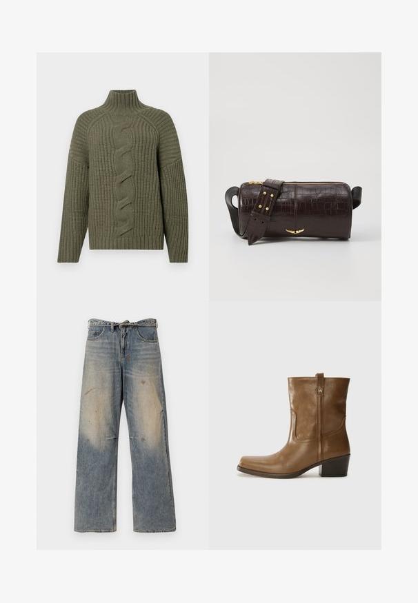 Olivno zelena pletena jopica z visokim ovratnikom, ki ima zavit rebrasti vzorec po sredini ter rebraste manšete in rob.; Svijetloplave traperice s labavim ravnim krojem. Imaju izbledele detalje, tragove habanja i oštećenja u području koljena. Klasičan stil s pet džepova.; Rjave usnjene gležnjarje s kvadratnim nosom, teksturirano površino in nizko kvadratno peto. Imajo zadnji trak za enostavno obuvanje in subtilne šivane detajle.; Brah blaženka iz rjavega usnja z embosiranim krokodilom, cilindrične oblike, zlatih kovinskih elementov in odstranljivim pasom, ki vsebuje žebljičke.