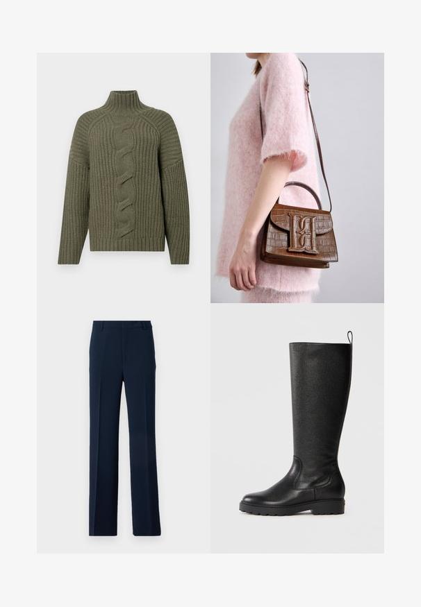 Olíva zöld kötött pulóver magas gallérral, középen csavart bordázott mintával, bordázott mandzsettákkal és szegéllyel.; Sötétkék nadrág sima anyagból, egyenes lábszárral, elülső pliszékkel és oldalsó zsebekkel a szabott megjelenés érdekében.; Fekete, térd fölé érő csizmák texturált bőrből, lekerekített orral, strapabíró, talajfogásos gumitalppal és felhúzófüllel a tetején.; Barna krokodilbőr mintázatú kézitáska, tetején fogantyúval és vállpánttal. A túloldalán egy hangsúlyos logó található. Puha tapintású.