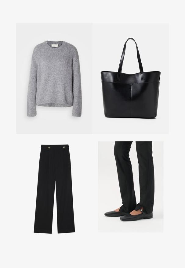 Világosszürke kötött gyapjú pulóver hosszú ujjal, bordázott mandzsettával, aljjal és kerek nyakkal, fehér háttérrel bemutatva.; Fekete, bő szárú nadrág magas derékkal, gombos részletekkel a derékrészen és elülső pliszékkal.; Fekete bőr balettcipők hegyes orral, ezüst csattal ellátott pánttal, fekete szabott nadrággal, amelynek hasított szegélye van.; Fekete bőr bevásárlótáska két hosszú fogantyúval, sima felülettel és strukturált formával. Elülső zseb található rajta a plusz tárolás érdekében.