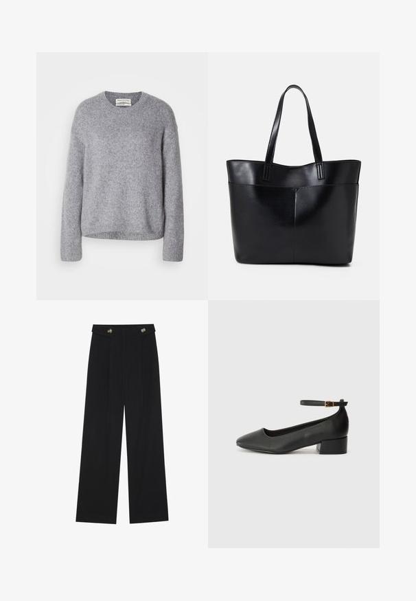 Light gray knitted wool sweater with long sleeves and ribbed cuffs, hem, and crew neckline, displayed on a white background.; Black wide-leg trousers with high waist, button details on waistband, and front pleats.; Black leather pump with a pointed toe and a low block heel. Features an ankle strap with a gold-tone buckle. Smooth texture.; Black leather tote bag with two long handles, a smooth texture, and a structured shape. Features a front pocket for additional storage.