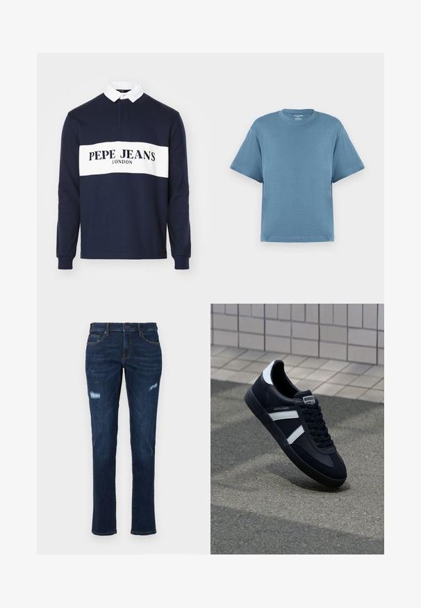 Polo de manga larga azul marino con una banda blanca en el pecho. "PEPE JEANS LONDON" impreso en negro. Cuenta con un collar clásico y una tapeta de botones.; Camiseta de manga corta azul, hecha de algodón, con cuello redondo y un corte relajado. Textura suave, diseño minimalista, sin patrones ni acentos.; Jeans de mezclilla azul marino con corte recto, que presentan desgastes y roturas visibles en las rodillas, bolsillos tradicionales y costuras en contraste visibles.; Zapatilla de cuero negra con rayas blancas, suela de goma texturizada y parte frontal con cordones. Cuenta con una etiqueta de marca en la lengüeta.