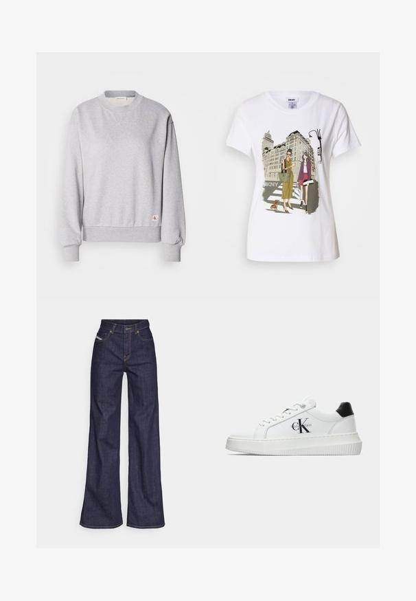 Grå bomullssweatshirt med rund hals, ribbede mansjetter og linning. Har en liten logotag på nedre siden. Glatt tekstur.; Hvit bomulls T-skjorte med trykt illustrasjon av to kvinner i urbane motestiler med en hund på et fotgjengerfelt og bybygninger.; Mørkeblå vide jeans i denim med høy midje, med oransje sømmer, fem-lomme-design og knappelukking.; Hvite lavsko med svart hæltab, plattformsåle, snøringer og Calvin Klein "CK" logo på siden.