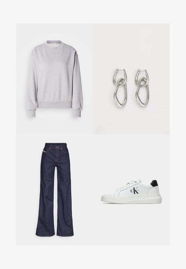 Grå bomullssweatshirt med rund hals, ribbede mansjetter og linning. Har en liten logotag på nedre siden. Glatt tekstur.; Mørkeblå vide jeans i denim med høy midje, med oransje sømmer, fem-lomme-design og knappelukking.; Hvite lavsko med svart hæltab, plattformsåle, snøringer og Calvin Klein "CK" logo på siden.; Calvin Klein STATEMENT LINKS - Øredobber - silver-coloured