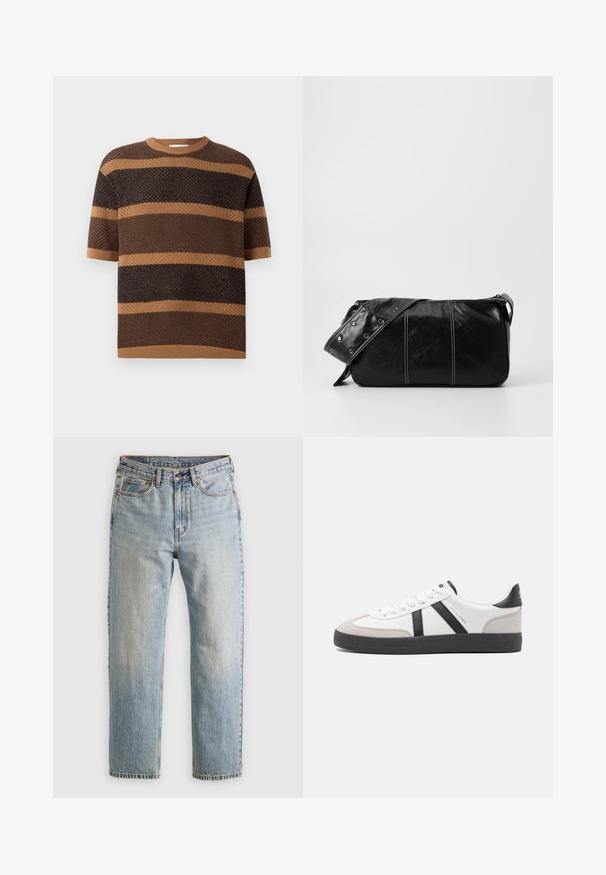 Knit sweater featuring short sleeves, round neck, and alternating brown and tan horizontal stripes with a textured fabric.; Light blue denim jeans with high waist, front button, zipper, and five-pocket design, laid flat on a neutral background.; White sneaker with black and gray accents, featuring a textured gray toe cap, black rubber sole, and flat white laces. Clean design, minimalist style.; Black leather shoulder bag with a zip closure, featuring a textured body, white stitching, and a strap with silver grommets.