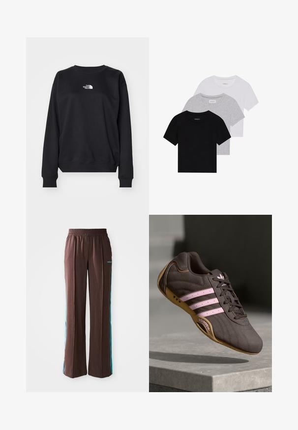 Svart sweatshirt tillverkad av bomullsblandning, med rund halsringning, långa ärmar, ribbade muddarna och en liten vit logotyp på bröstet.; Set med tre kortärmade t-shirts i svart, grått och vitt. Tillverkade av bomull, med rund hals och en enkel, enfärgad design.; Bruna träningsbyxor med ribbat mönster, elastisk midja och turkosa sidostråk. Har adidas-logotypen på framsidan.; Bruna mocka sportskor med rosa ränder och logotyp, med en texturerad överdel, snörning och en sula av gummigummi.