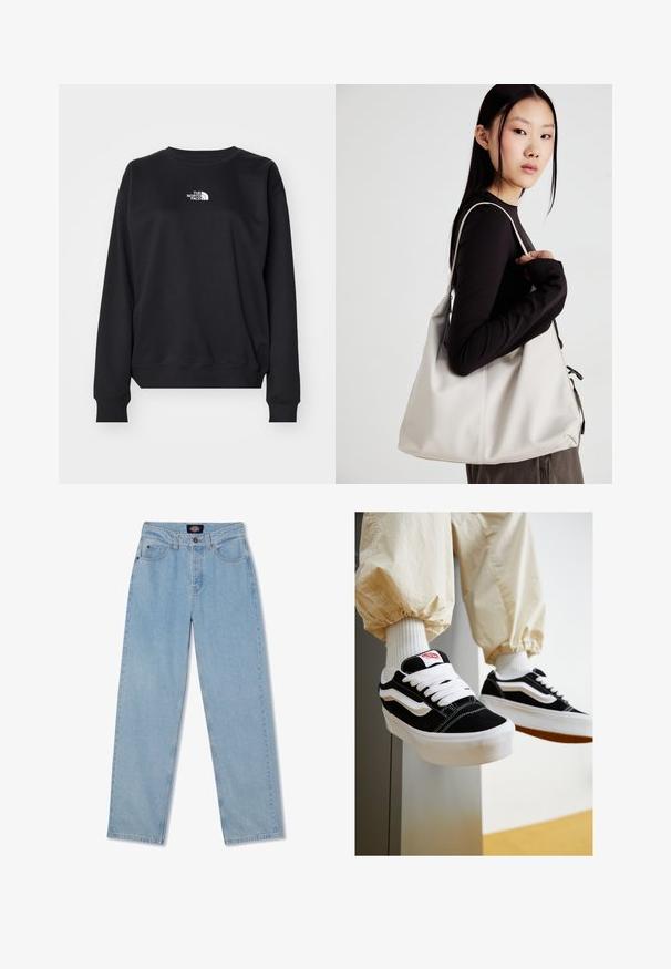 Felpa nera realizzata in misto cotone, con scollatura tonda, maniche lunghe, polsini a costine e un piccolo logo bianco sul petto.; Jeans in denim azzurro chiaro con taglio dritto, cinque tasche, chiusura a bottoni e leggera scoloritura sul davanti.; Sneakers in camoscio bianco e nero con lacci bianchi piatti, suole in gomma testurizzata e design a strisce laterali. Indossati con pantaloni a sigaretta color crema.; Borsa a mano beige realizzata in materiale morbido, caratterizzata da un design morbido, dettagli cuciti e due manici. Adatta per l'uso quotidiano.