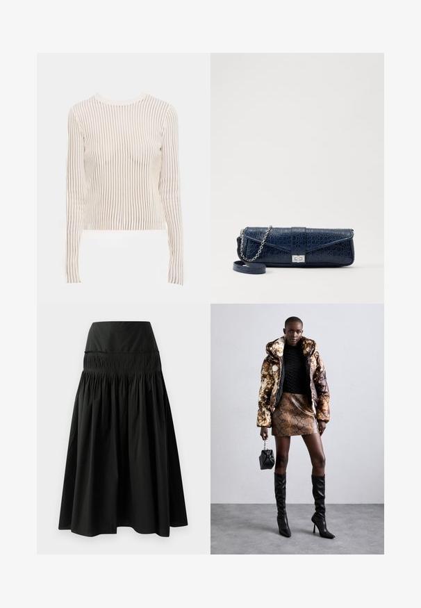 Langærmet top lavet af gennemsigtig, stribet stof i creme- og beige nuancer; tætsiddende design med rund halsudskæring og ribbet tekstur.; Satin camisole i beige med blonde detaljer ved udskæringen, som har tynde justerbare stropper og en glat, blank tekstur.; Sort knælang nederdel lavet af glat stof, med en tætsiddende talje og rynket design for fylde.; Pufferjakke med et brunt og sort mønster, parret med en brun slangeskinds mini nederdel, sorte støvler op til knæet og en lille sort taske.; Mørkeblå læder clutch med krokodilleskin, sølv kædesti og metallisk lukning. Firkantet form med fold-over design.