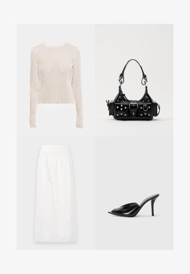 Dolgi rokav, izdelan iz prosojnega črtastuga blaga v kremnih in bež odtenkih; oblikovan kroj z okroglim izrezom in rebrasto teksturo.; Bela maksi krila z elastičnim pasom, subtilno cvetno vezenje in sproščenim oblikovanjem. Narejena iz lahkotnega materiala.; Črne usnjene mule s visokimi petami, odprto nosilo, bodičast dizajn, gladka tekstura in ozka stiletnica.; Črna usnjena torbica s ukrivljenim dizajnom, ki vsebuje srebrne žebljičke, zaponko in dve stranski žepki. Nastavljiv trak za različne možnosti nošenja.