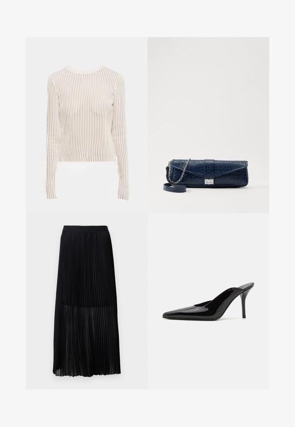 Long-sleeve top made of sheer, striped fabric in cream and beige tones; fitted design with a round neckline and ribbed texture.; Black pleated midi skirt with a smooth, elastic waistband and sheer overlay, featuring fine vertical pleats throughout the fabric.; Black patent leather high-heeled mule with a pointed toe and a sleek silhouette, featuring an open back and a slender stiletto heel.; Navy blue leather clutch with a crocodile texture, silver chain strap, and metallic clasp. Rectangular shape with foldover design.