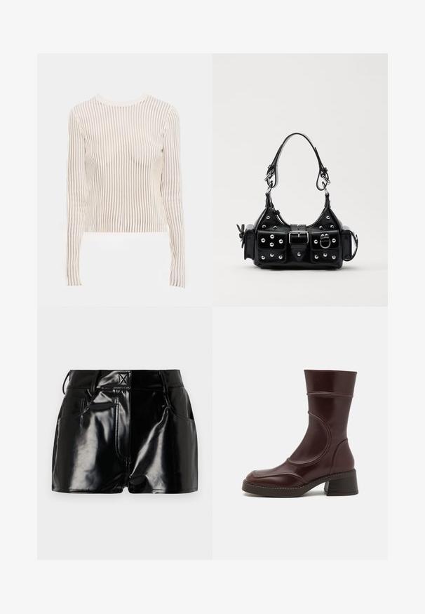 Dlouhý rukáv top vyrobený z průhledné pruhované látky v krémových a béžových odstínech; přiléhavý střih s kulatým výstřihem a strukturovaným povrchem.; Černé lesklé kraťasy vyrobené z umělého materiálu. Obsahují přiléhavý pas, poutka na opasek a přední kapsy s výraznými švy.; MIISTA MALENE - Kotníkové boty - brown; Černá kožená kabelka s křivkovým designem, zdobená stříbrnými hřebíky, s přezkou a dvěma bočními kapsami. Nastavitelný popruh pro různé možnosti nošení.