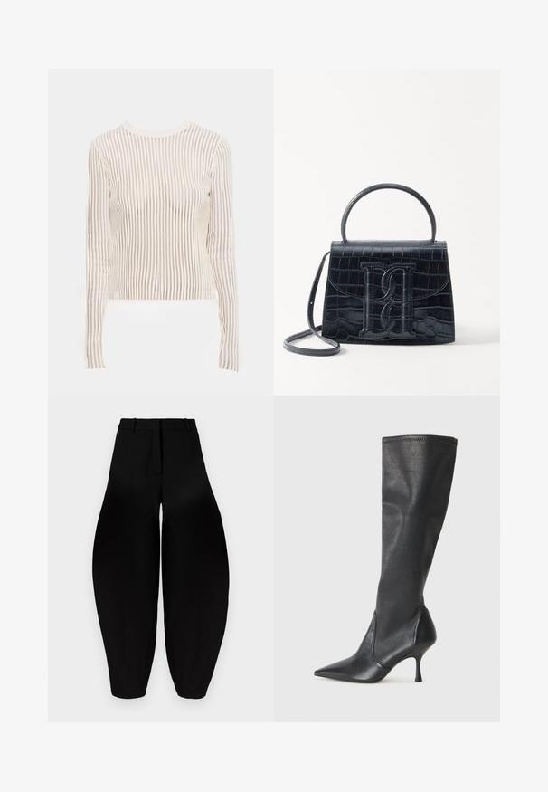 Pitkähihaisessa paidassa on läpinäkyvää, raidoitettua kangasta kerma- ja beige sävyissä; vartalonmyötäinen muotoilu, piippukaulus ja ribbikuviointi.; Mustat leveälahkeiset housut, joissa on korkea vyötärö, pleatattu etuosa ja kapenevat nilkat. Valmistettu sileästä kankaasta, jossa on matta pinta.; Polvisuuriset mustat nahkasaappaat, joissa on terävä kärki ja hoikka stiletto-korko. Silkkinen pinta, tiukka muotoilu ja ompeleet yläreunassa.; Musta krokotiilivoimalla painettu nahkakäsilaukku, jossa on jämäkkä muotoilu, yläkahva, säädettävä hihna ja erottuva etuosan logoyksityiskohta.