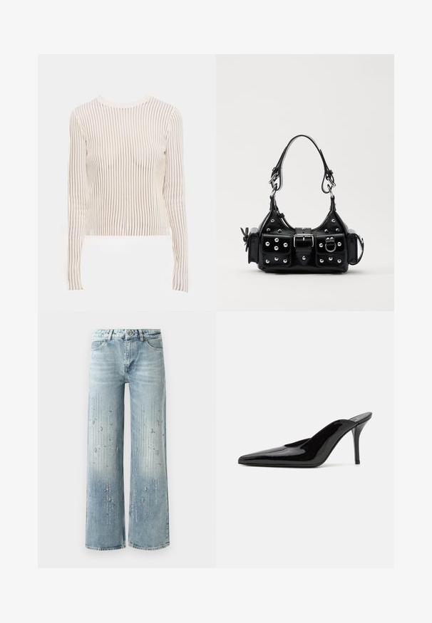 Haut à manches longues en tissu transparent à rayures dans des tons crème et beige ; design ajusté avec un col rond et une texture côtelée.; Jean large bleu clair en denim, présentant un effet dégradé et des embellissements en strass argentés disposés en motif vertical.; Mule en cuir verni noir à talon haut avec un bout pointu et une silhouette épurée, doté d'un dos ouvert et d'un talon aigu slender.; Sac à main en cuir noir au design courbé, avec des clous en argent, une boucle et deux poches latérales. Bandoulière réglable pour différentes options de transport.