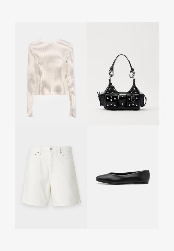 Long-sleeve top made of sheer, striped fabric in cream and beige tones; fitted design with a round neckline and ribbed texture.; White denim shorts with a straight cut, five-pocket design, front button closure, silver hardware, and stitched detailing.; Paul Smith TOPANGA - Ballet pumps - black; Black leather handbag with a curved design, featuring silver studs, a buckle, and two side pockets. Adjustable strap for carrying options.